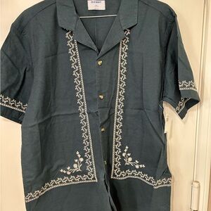 Old Navy Dark Blue Camp Shirt with White Embroidery